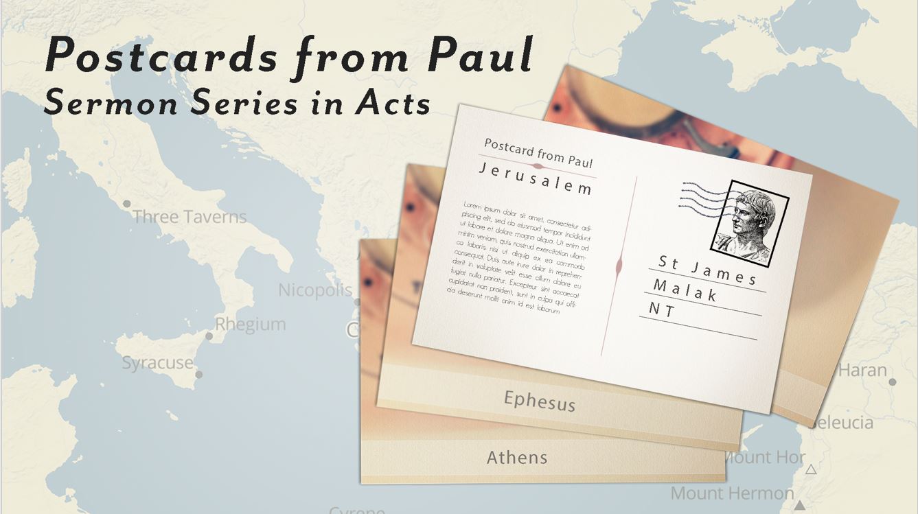 Image of postcards from Ephesus and Athens with the caption Postcards from Paul. Sermon series in Acts.